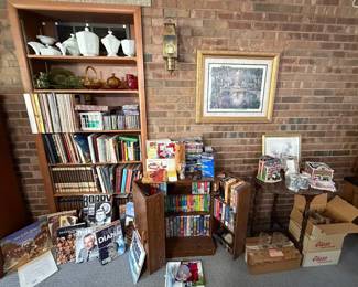 Milk Glass; Green, Amber, Red Colored Glassware; Record Albums, 45 Records, CD's, Cassettes, VHS, DVD's, Blu-Rays; Books, Magazines, Bibles, Childcraft Book Set, World Encyclopedia Set; VHS Cabinet; VHS Blank Tapes; Wooden 1/2 Moon Side Table; Porcelain Fire Station Houses; Seagrave Mugs; Bourbon Glasses w/ Fire Ext. Logos