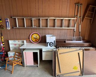 Werner Ext L:adder; White Knee Hole Desk; Lerner Betsy Ross Spinet Piano & Bench; Card Table; 5ft Wooden Heavy Folding Legs Banquet Table; Handmade Wooden Childs Cabinets; Toddler Bike; Jr. Razor Scooter; Wooden Childs Folding Chair; Crutches; Wooden Step Ladder 