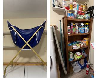 Rolling Laundry Cart; Ironing Board; Iron; Cleaning Supplies; Bookcase