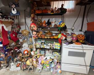 Christmas; Easter; Fall; Halloween; Thanksgiving; Vintage Halloween Masks; Metal Shelving Unit; NON Working Electric Stove