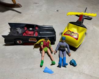 1970's Mego Worlds Greatest Super Heroes Batman Bat Mobile; Batcopter; Batman & Robin (all gloves incl. just not shown)