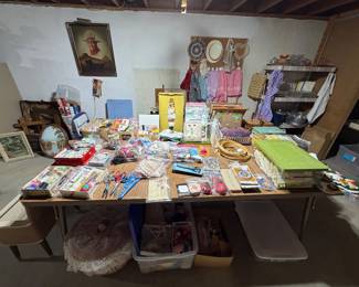 Sewing/ Craft Supplies; MCM Style Table with Leaves; Aprons; 