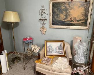 Victorian Side Chair; Glass Top/ Brass Side Tables; Brass Floor Lamp; Angel Decor