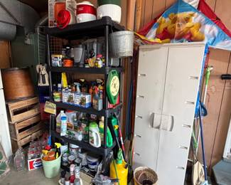 Rubbermaid Storage Cabinet; Milk Crates; Water Coolers; Car Cleaning Supplies; Weed and Bug Chemicals; Paint; Kites; Pepsi Bottles