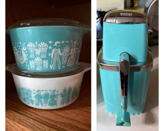 Pyrex Amish Butterprint Turquoise/White Casserole Dishes with Lids; MCM Sears Turquoise Blue Retro Crank Ice Crusher
