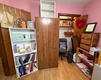 Book Cases; Upright 2 Door Storage Cabinet; Office Chair; Baskets; Partylite; Bank Bags; Binders; Paper