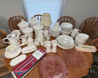 Pfaltzgraff Wyndham Pieces; Gibson Regalia White Dinnerware Set; Pink Depression Glass Trays; Towle Carvel Hall Carving Set