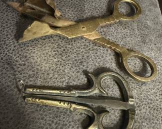 Antique Brass Candle Snuffer Candle Wick Cutter; Vintage Jews Mouth Harp Musical Instrument