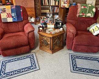 Lazy Boy Swivel Rocker Recliners; Hexagon Side Table; Honor Quilt; Binoculars