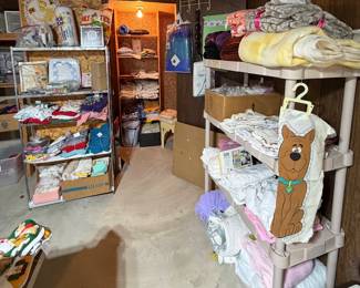 Material; Sewing/Craft Supplies; Metal Shelving Unit; Tablecloths; Placemats; Blankets; Linens