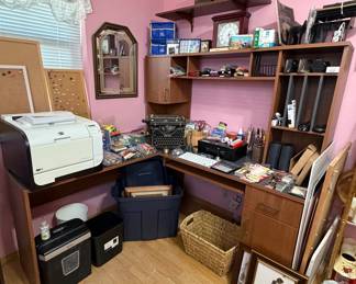 L-Shaped Sauder Office Desk with Hutch; Paper Shredder; Office Supplies; Picture Frames
