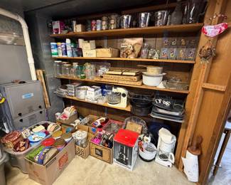 Box Lots- Tins, Glassware, Mugs, Travle Mugs, Papergoods; Beer Buckets & Pitchers; Enamel Roasters; Broiler Pans; Vintage Stand Mixers; Foil Pans