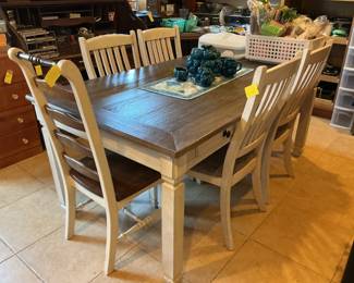 Farmhouse style table with 4 matching chairs and 2 French Country chairs, etc.