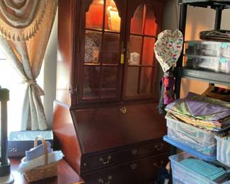 Thomasville Bombay Cherry drop front secretary, Thomasville "Fredericksburg end/night table & quilting material, etc.