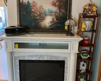 Scott Living Mantle & fireplace, framed signed art, cookie jars, Bose radio