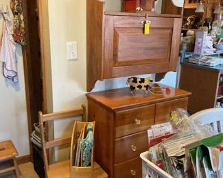 Library chair/folding step ladder, 4 drawer pine chest, hanging wall shelf with drop-down desk, etc.
