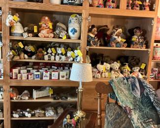 curio end table with glass shelves, cookie jars, Boyds bear collectibles, etc.