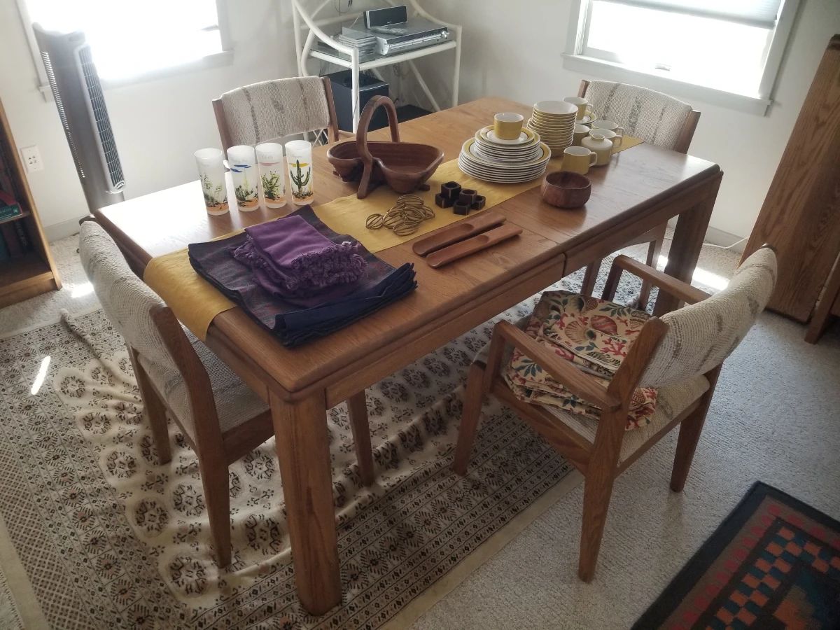Teak dining set made by Conant Ball Co. in Gardner, MA. Table includes 2 leaves (not shown)