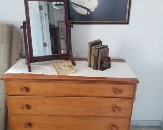 4-drawer dresser; standing mirror; needlepoint bookends