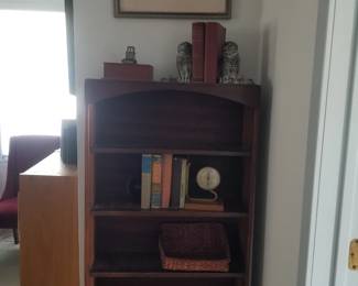 Bookcase; MCM metal owl bookends; Taylor Stormoguide 1927 Art Deco wether instrument bookend