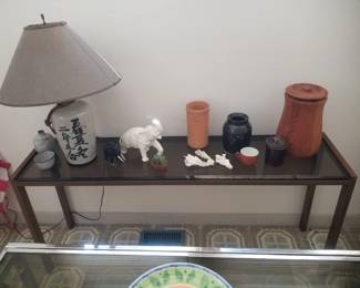 Smoked glass top foyer table. Asian table lamp. Elephants!