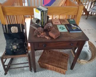 Vicntage child's rocker; needlepoint pillows; small desk; Art Deco bookends
