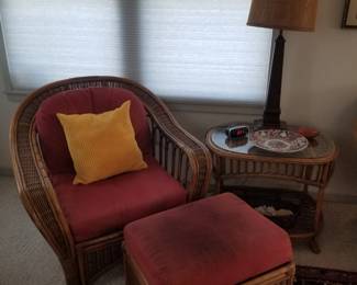 Wicker chair (3 available) and ottoman; wicker end table (2 available)