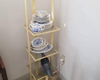 Wrought iron 3-tier stand. Blue & white dinnerware