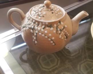 vintage Japanese ceramic teapot featuring a textured "sharkskin" or "orange peel" glaze