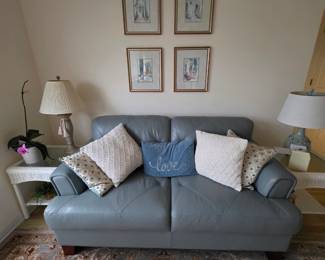 Soft blue leather loveseat