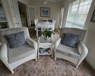 The wicker in this room is resin and will last forever. The pillows are down filled