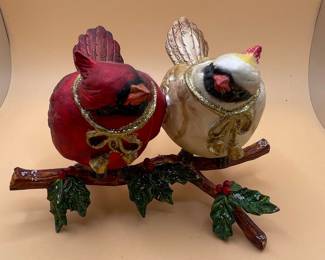 Resin Cardinal Couple Christmas Figurine on Holly Branch with Jingle Bells