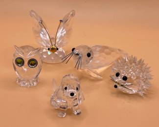Collection of Five Vintage Swarovski Crystal Animal Figurines - Owl, Butterfly, Seal, Hedgehog, Puppy