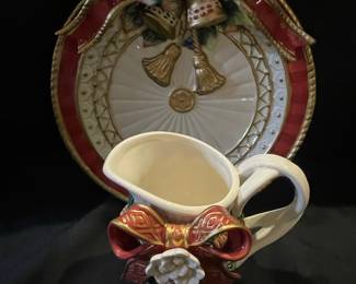 Fitz and Floyd "Christmas Bells and Bows" Pitcher and Decorative Plate