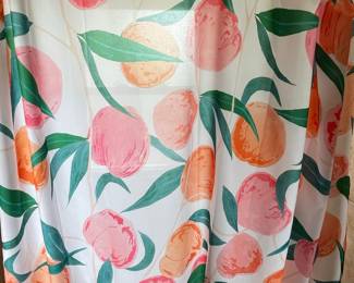 Watercolor Peaches and Green Leaves Fabric Shower Curtain