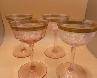 Vintage Pink Etched Glass Champagne Coupes with Gold Rim - Tiffin Franciscan Rambler Rose
