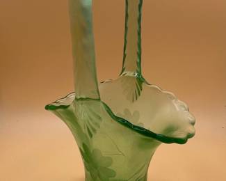Green Uranium Glass Etched Floral Basket with Twisted Handle