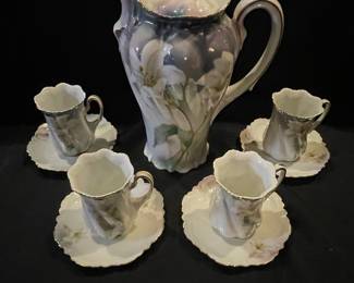 Antique R.S. Prussia Porcelain Chocolate Set with Iridescent Floral Design