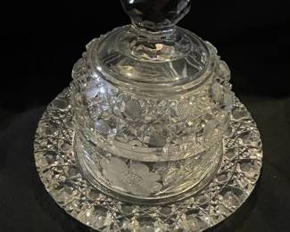 American Brilliant Period Cut Glass Covered Butter Dish with Floral Etching