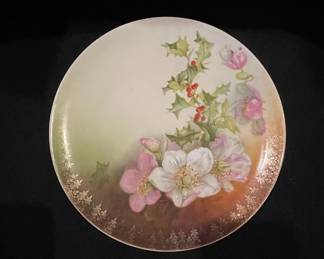Antique Hand-Painted Porcelain Plate with Holly and Roses