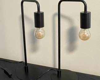 Industrial Black Metal Table Lamp Pair with Exposed Bulb