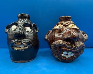 Pair of Southern Folk Art Pottery Face Jugs by Lanier Meaders