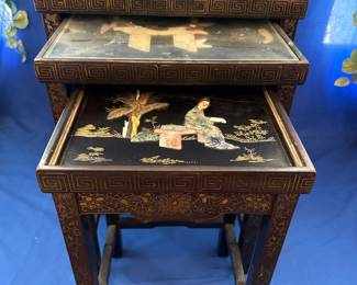 Set of 4 Vintage Chinese Black Lacquer Mother-of-Pearl Inlay Nesting Tables