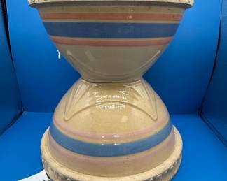 Vintage McCoy Yellow Ware Mixing Bowl with Pink and Blue Stripes and Pie Crust Rim