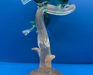Murano Glass Three Birds on Branch Sculpture with Gold Aventurine