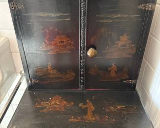 Vintage Chinoiserie Black Lacquer Cabinet on Stand