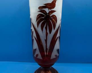Vintage Frosted Glass Bird Design Ruby Red Vase