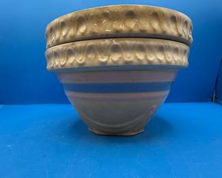 Vintage McCoy Yellow Ware Mixing Bowl with Pink and Blue Stripes and Pie Crust Rim