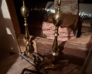 Vintage Windsor-Style Commode Chair and Brass Fireplace Andirons