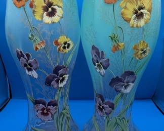 Pair of Legras Art Nouveau Hand-Painted Pansy Glass Vases
